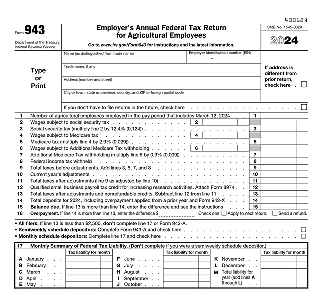 What details are required to submit Form 943 online?