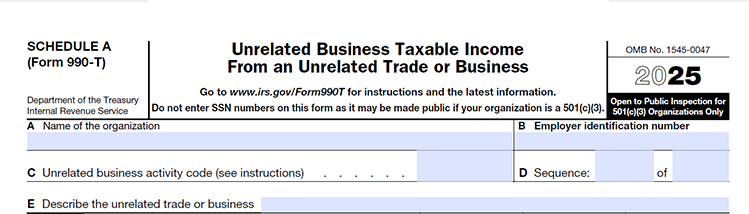 The following information is required to complete and file IRS Form 990-T Schedule A: