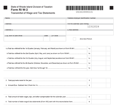 Rhode Island Form RI W-3: Transmittal(Reconciliation) of W-2 form