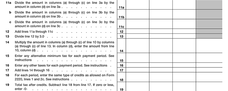  Form 2220, Schedule A, Part I-Adjusted Seasonal Installment Method Line11 to Line19