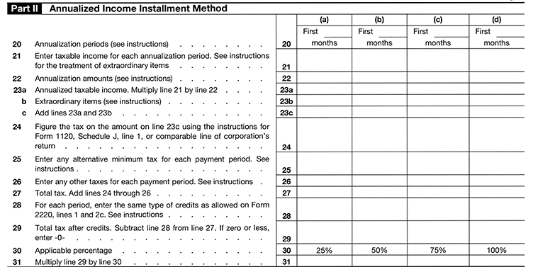 Form 2220, Schedule A Part II-Annualized Income Installment Method Line20 to Line31